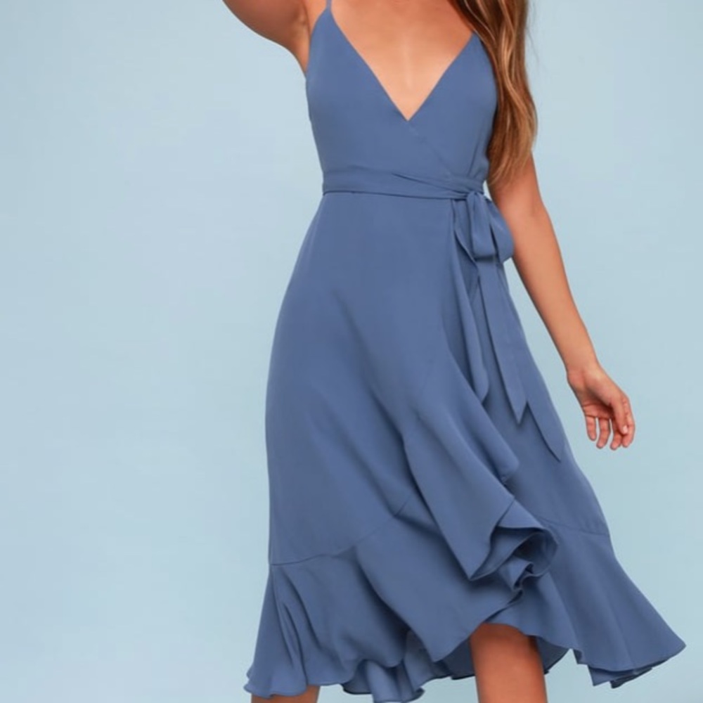 Lulus Blue Ruffled Midi Wrap Dress